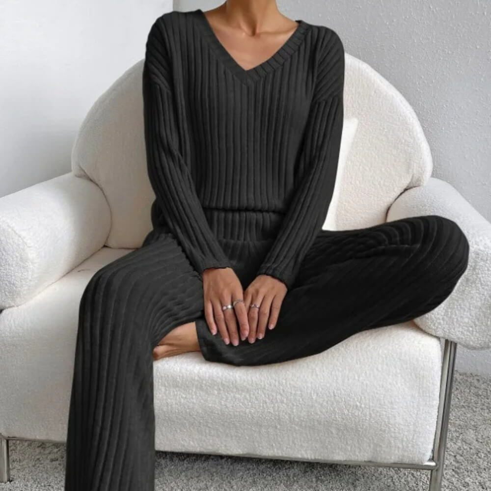 Zweiteiler Damen Sweater Set Rundhals Langarm Beige