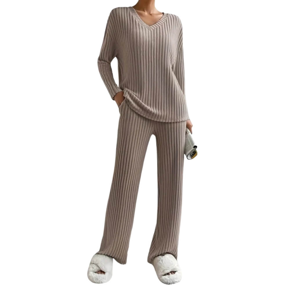 Zweiteiler Damen Sweater Set Rundhals Langarm Beige