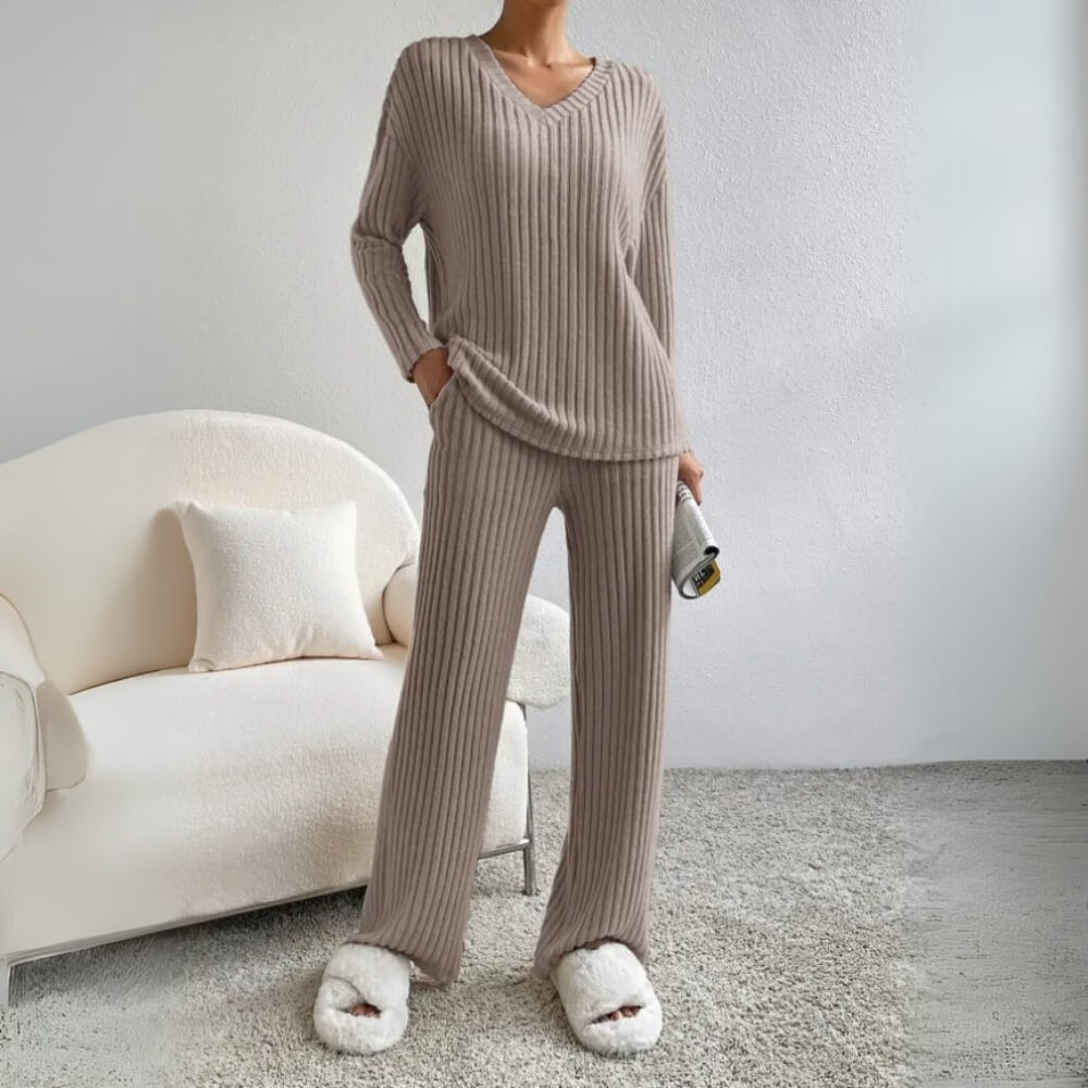 Zweiteiler Damen Sweater Set Rundhals Langarm Beige